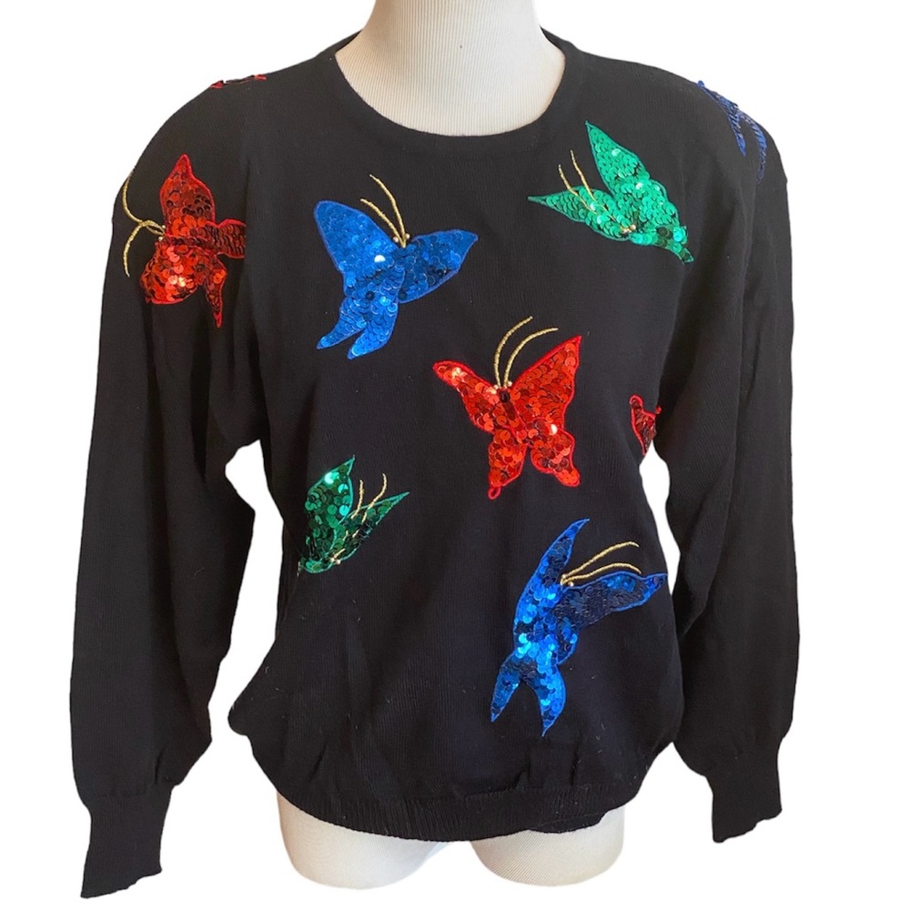 Vintage Sequin Butterfly Sweater Black Red Green Blue M Bling Multicolor